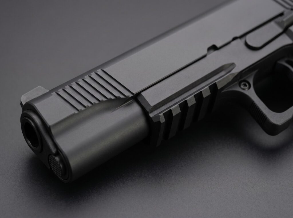 Macro detail of the Tisas 1911 Duty DS slide serrations and accessory rail