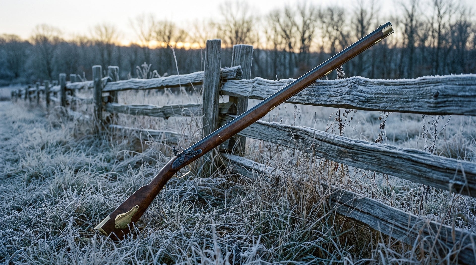 Traditions Deluxe Kentucky flintlock rifle leaning on a frost-covered split-rail fence at dawn in November