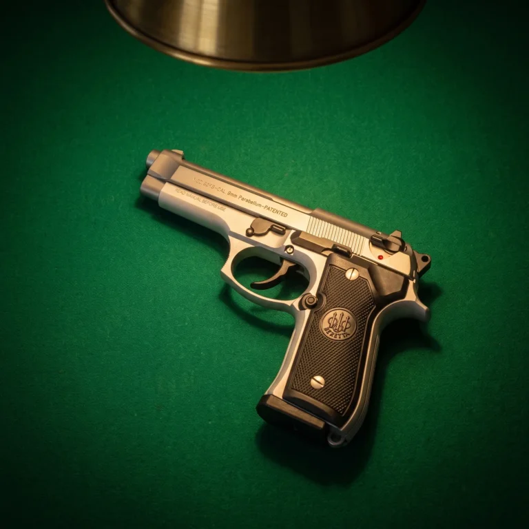 Beretta 92FS Inox stainless 9mm pistol lying on the green baize of a card table