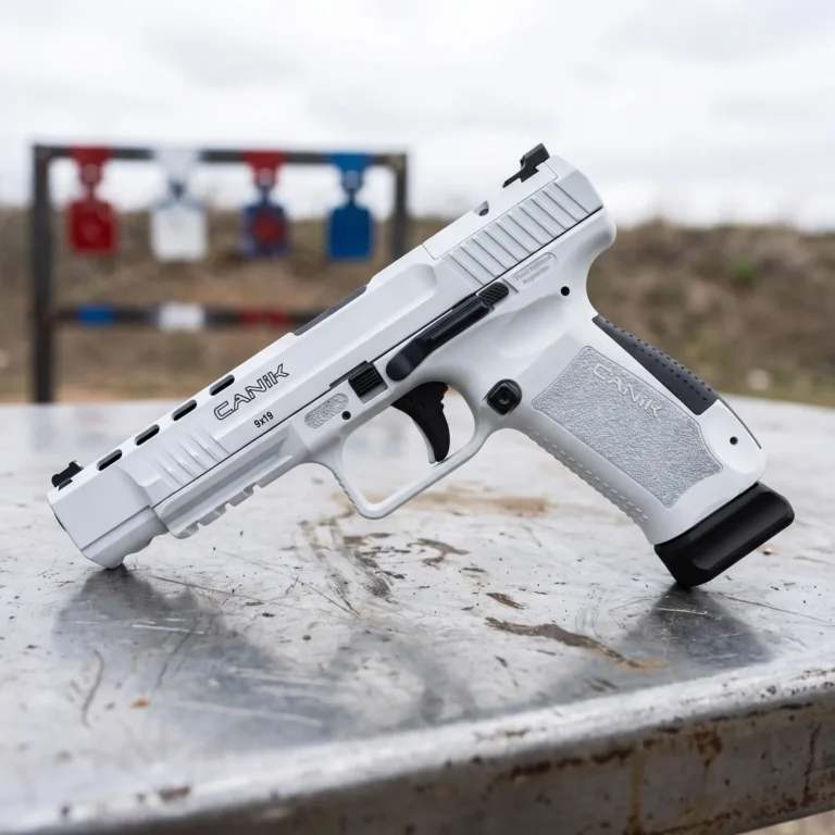 Canik METE SFx long slide 9mm competition pistol on a steel staging table