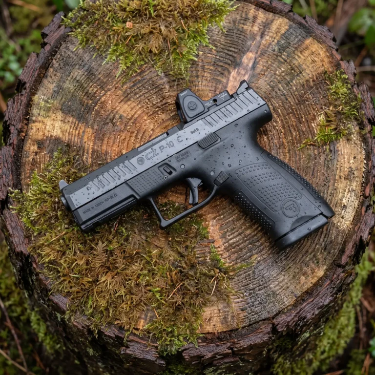 CZ P-10 C 9mm pistol with a Trijicon red dot lying on a moss covered pine stump
