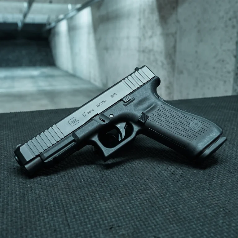 Glock 17 Gen 6 9mm pistol on a rubber mat in an indoor concrete shooting bay