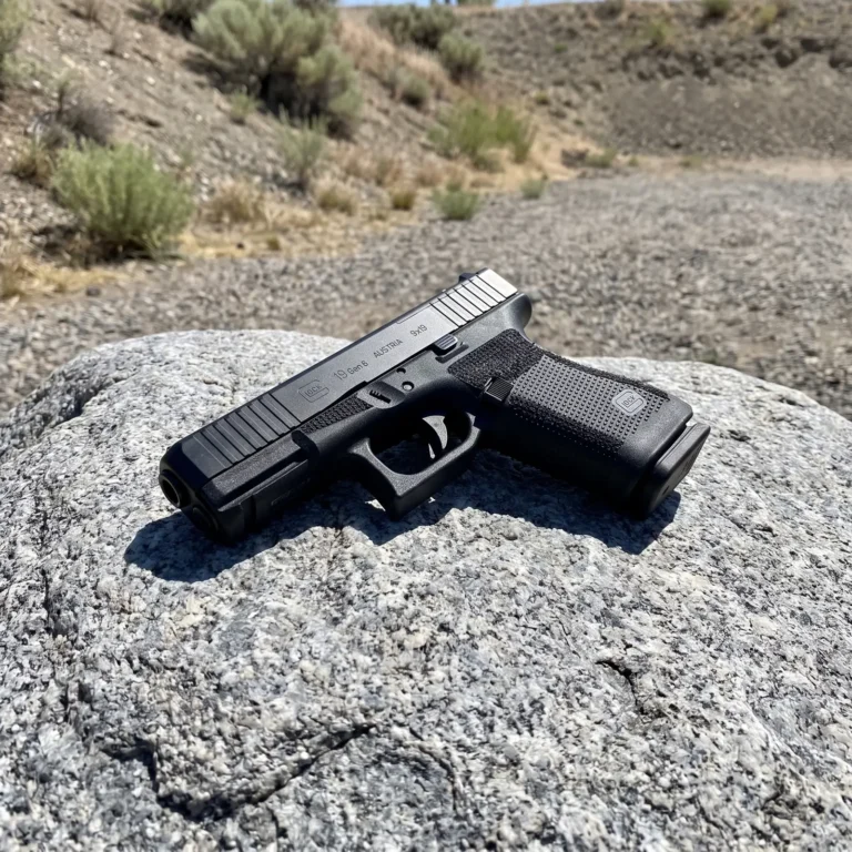 Glock 19 Gen 6 9mm pistol lying on a granite boulder at a desert shooting berm