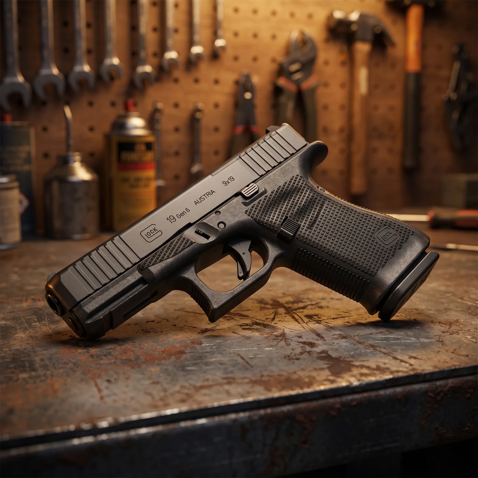 Best 9mm pistols 2026: Glock 19 Gen 6 on a gunsmith workbench
