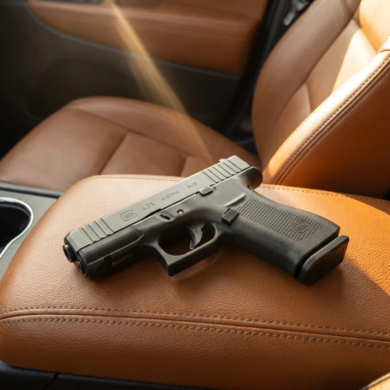 Glock 43X slimline 9mm pistol lying on a tan leather car seat in afternoon sun