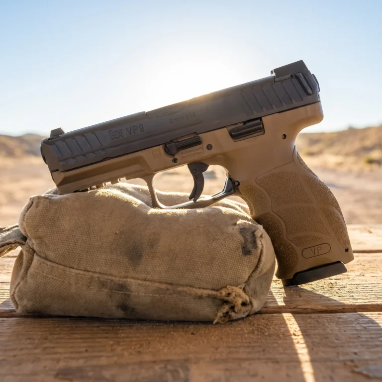 HK VP9 9mm pistol resting on a canvas sandbag at an outdoor range bench