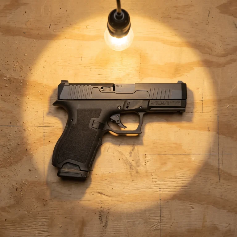 PSA Dagger Full Size 9mm pistol on a plywood workbench under a bare hanging bulb