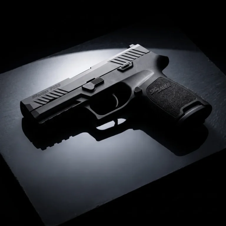 Sig Sauer P320 9mm pistol on a dark slate slab under a single hard spotlight