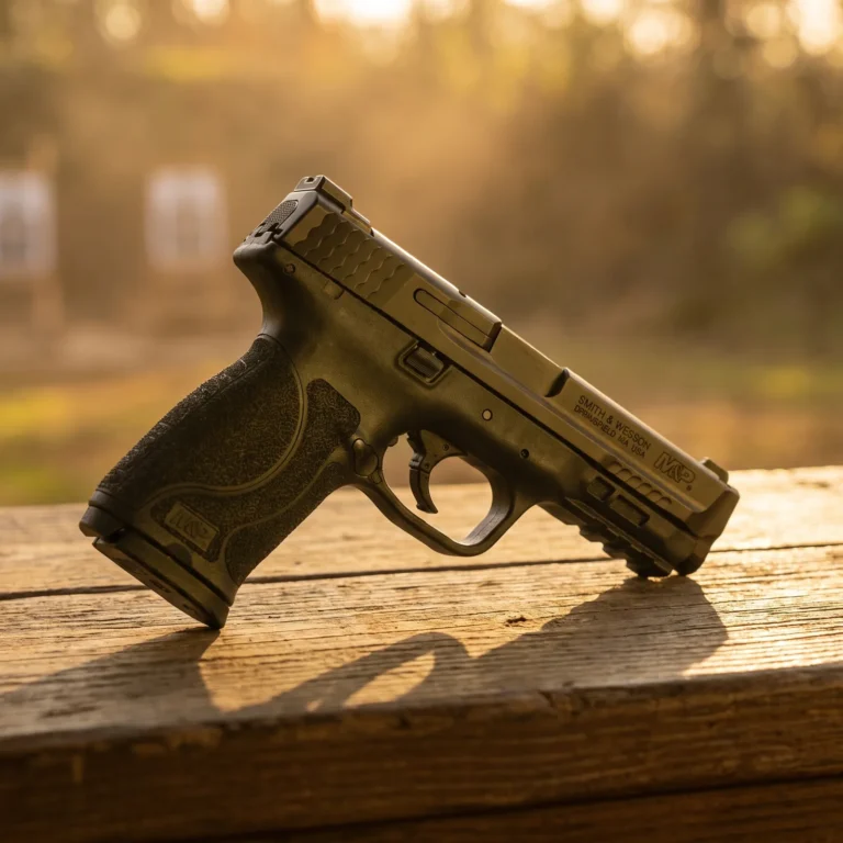 Smith and Wesson M&P9 M2.0 full-size 9mm pistol on a weathered oak range bench at golden hour