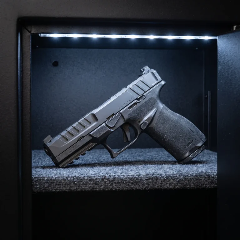 Springfield Echelon 9mm pistol on the shelf of an open steel gun safe under LED lighting