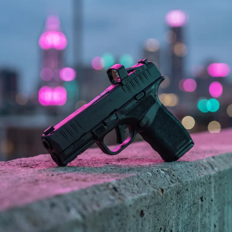 Springfield Hellcat Pro 9mm pistol with a Shield red dot on a city rooftop parapet at dusk
