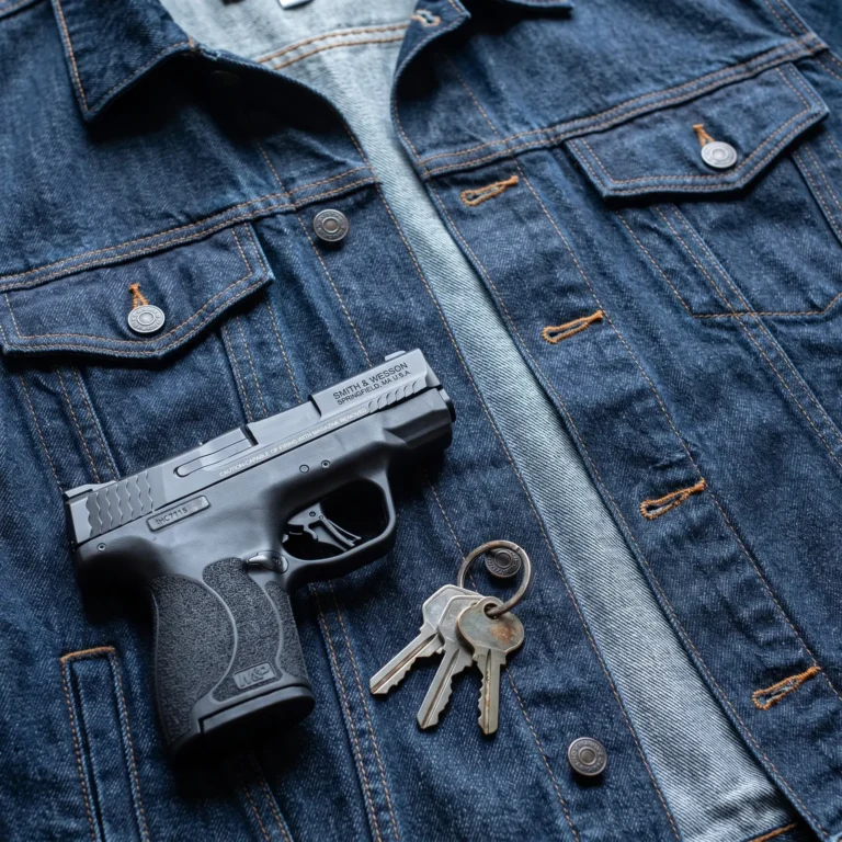 Smith and Wesson M&P Shield Plus 9mm pistol on a folded denim jacket beside a set of keys