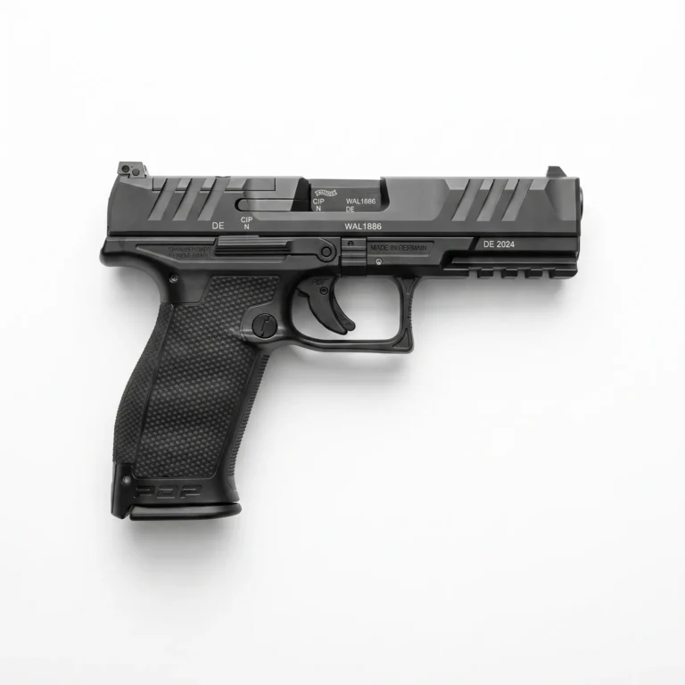 Walther PDP Full Size 9mm pistol photographed flat on a white studio sweep
