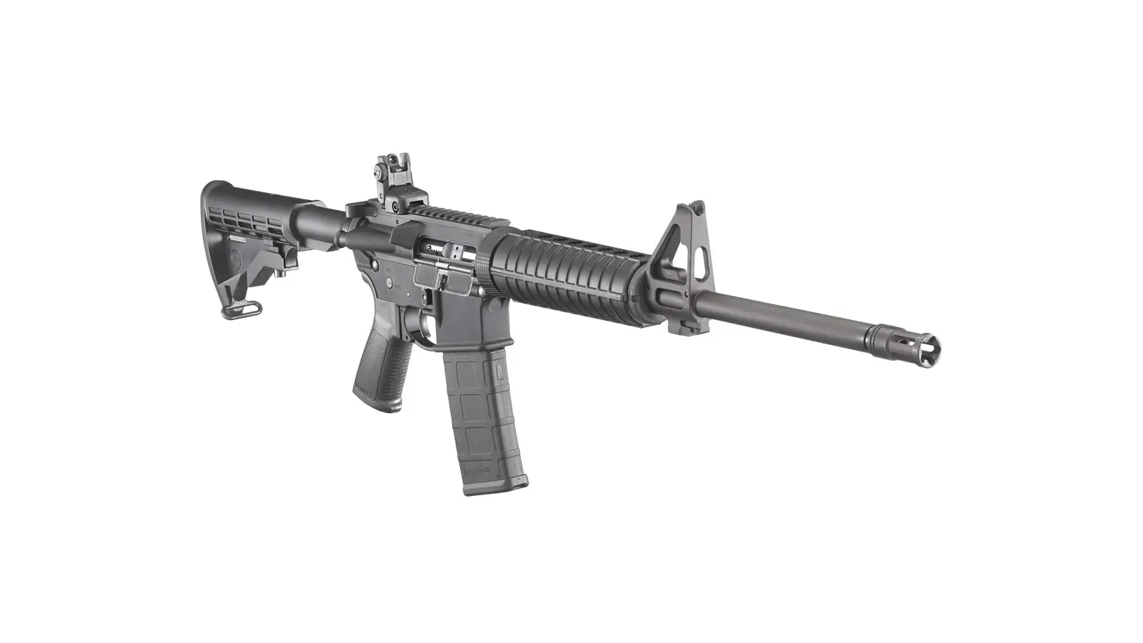 Ruger AR-556 with flip-up rear sight, A2 front sight post and Magpul magazine, angled view