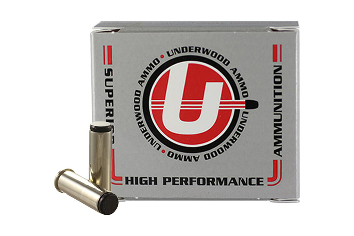 Underwood Ammo .38 Special 150 grain hard cast wadcutter ammunition box with two nickel plated cartridges
