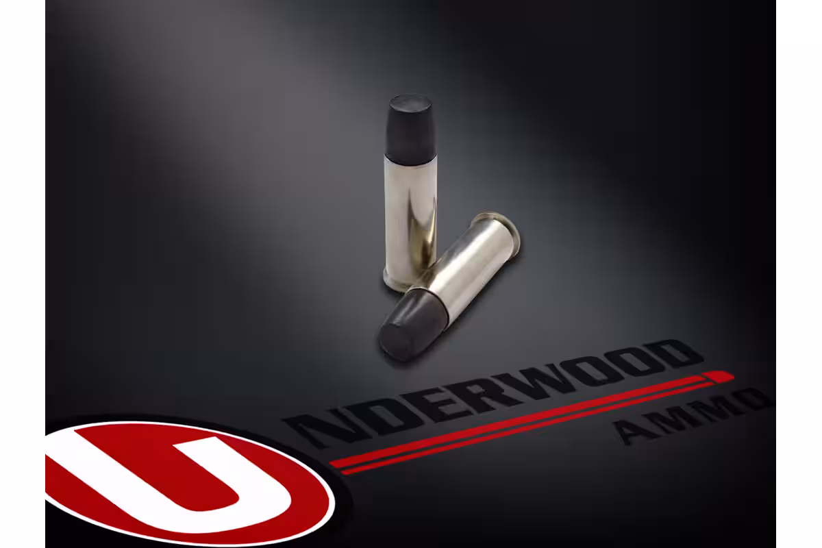 Two Underwood .44 Remington Magnum +P cartridges in nickel plated cases with black coated flat nose hard cast bullets