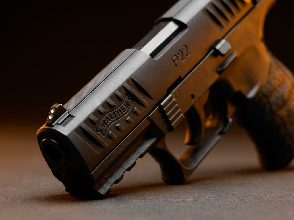 Close-up of the Walther P22 slide showing the WALTHER logo and P22 marking