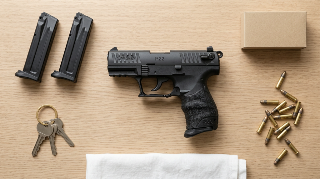 Walther P22 pistol flat-lay with spare magazines and .22 LR ammunition