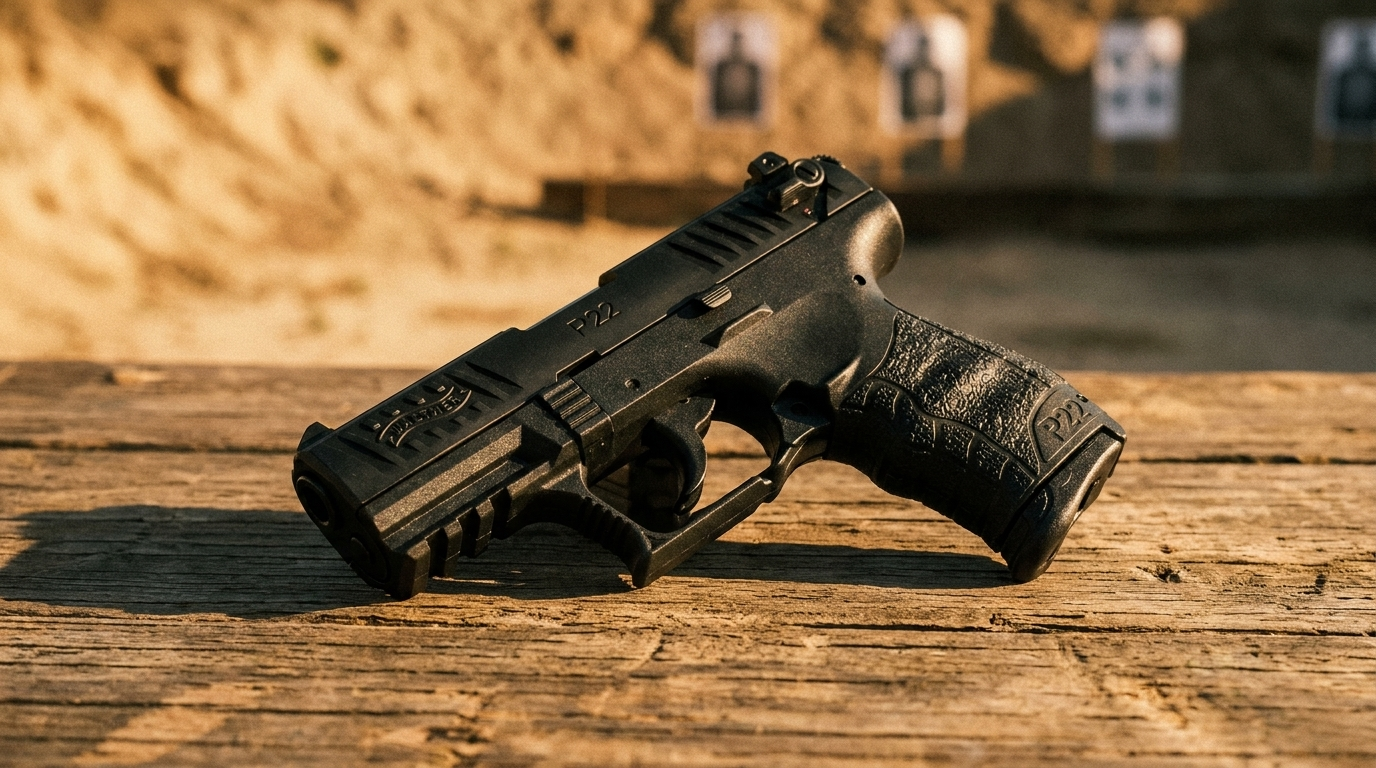 Walther P22 .22 LR pistol on a wooden shooting bench at golden hour
