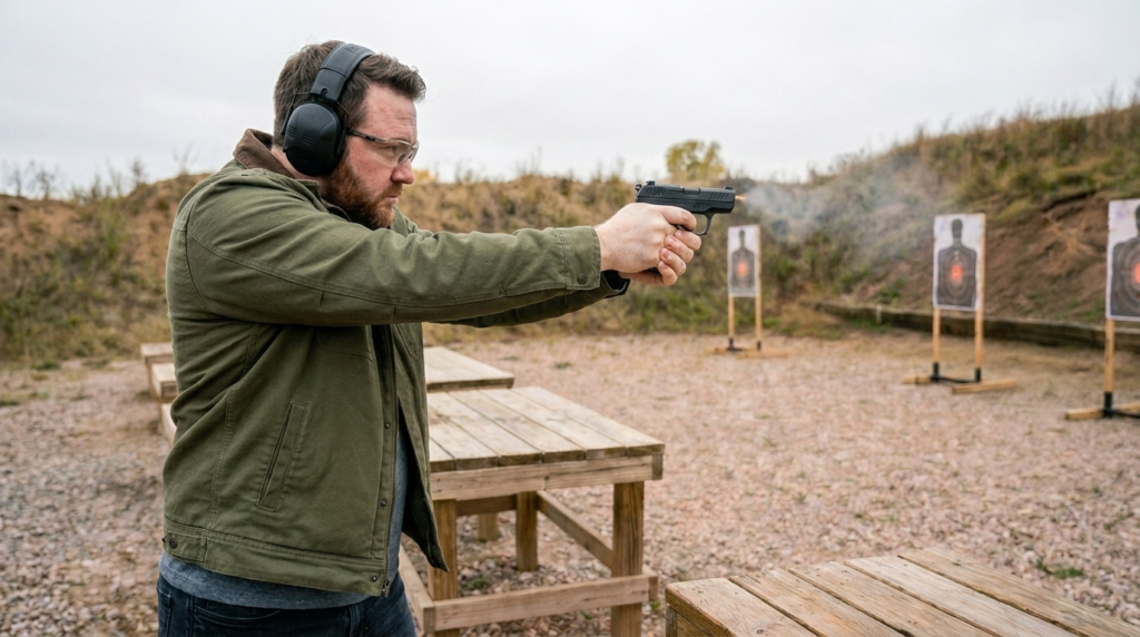 Shooter firing the Walther P22 .22 LR at an outdoor range