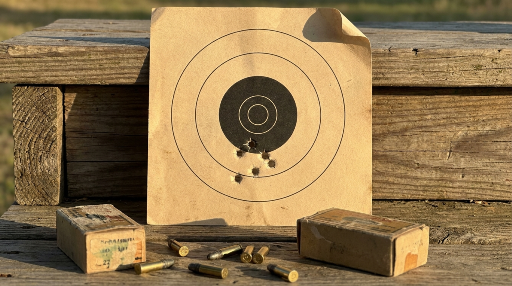 Paper target showing a five-shot .22 LR group from the Walther P22