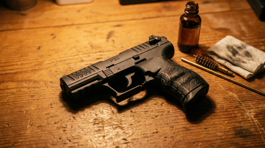 Walther P22 pistol on a workbench with cleaning kit under a task lamp