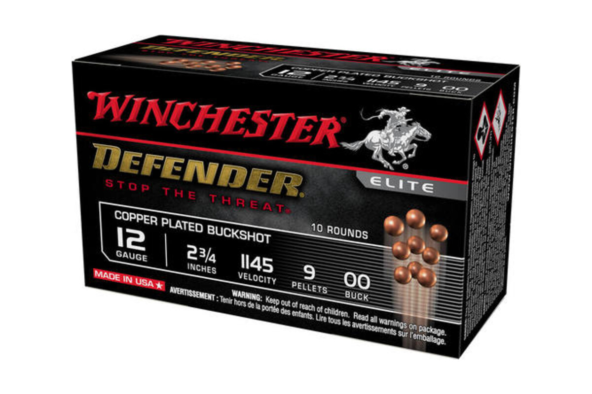Winchester Defender Elite copper plated buckshot 12 gauge box, 2 3/4 inch, 1145 velocity, 9 pellets of 00 buck, 10 rounds