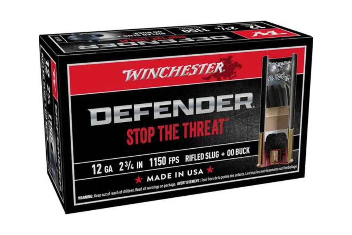 Winchester Defender 12 gauge rifled slug plus 00 buck ammunition box at 1150 fps, with a cutaway showing the stacked payload