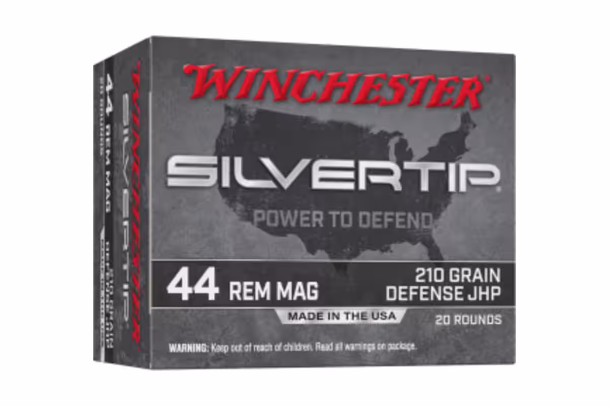 Winchester Silvertip .44 Remington Magnum 210 grain defense jacketed hollow point ammunition box, 20 rounds