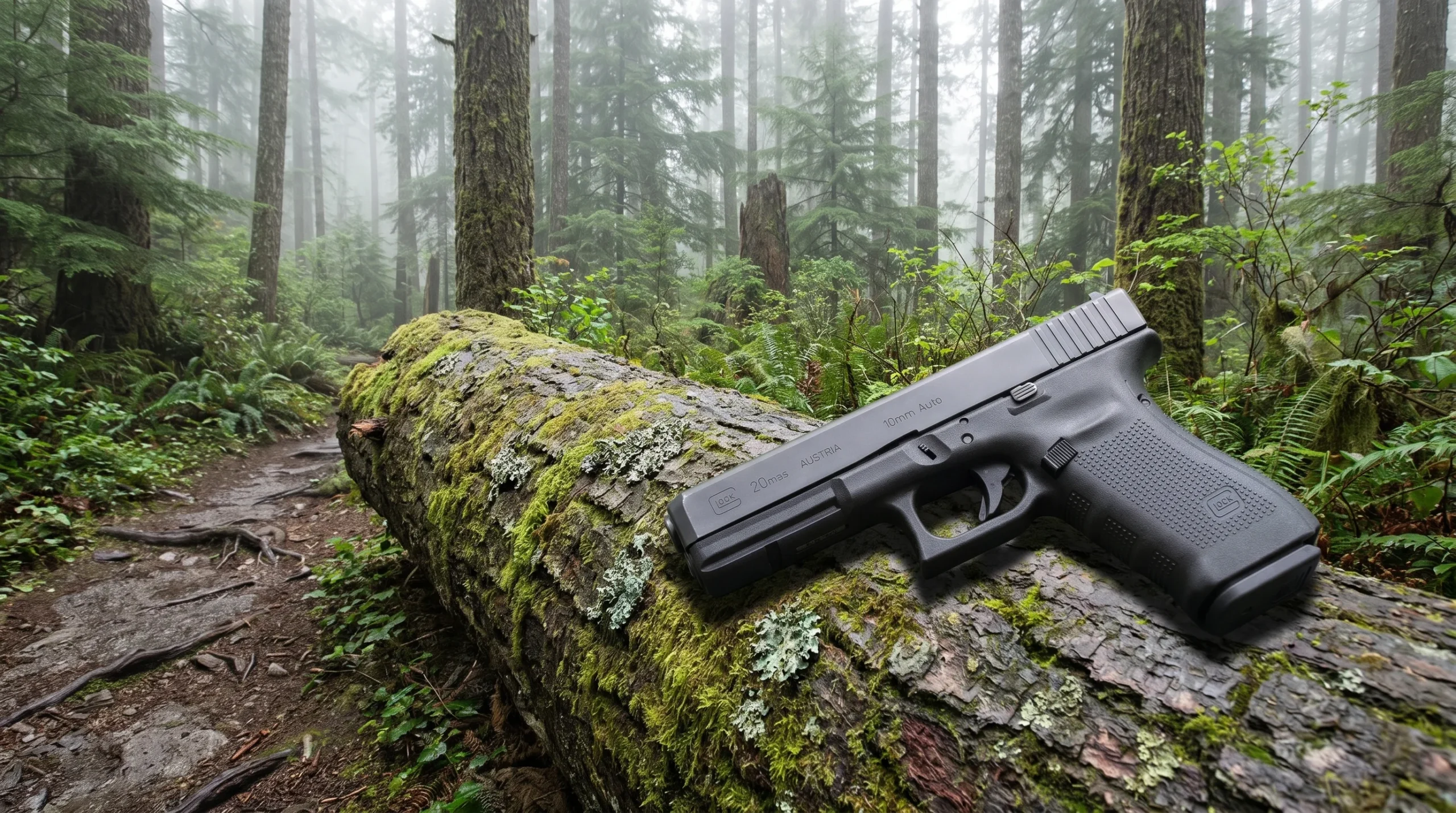 Glock 20 10mm pistol on a lichen covered log beside a trail in a misty Pacific Northwest forest