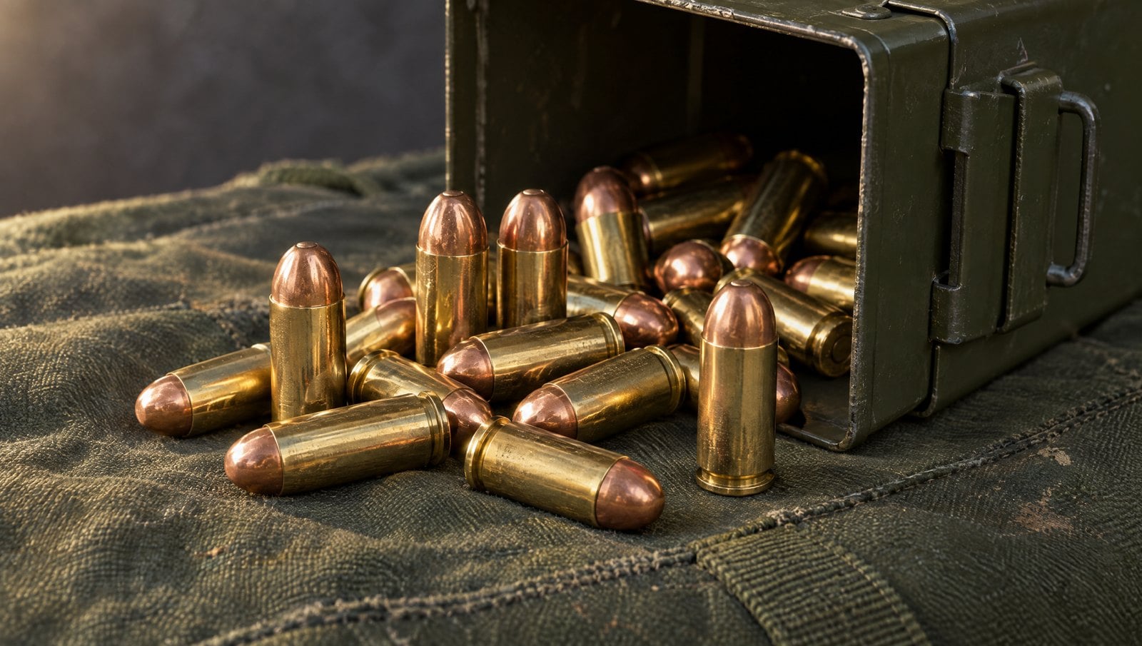 Copper-jacketed .45 ACP ball cartridges, the original MAC-10 caliber, spilling from an olive-drab ammo can onto a canvas range bag