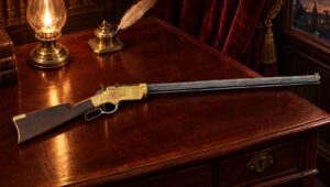 Abraham Lincoln's engraved Henry rifle on a mahogany writing desk in an 1860s study