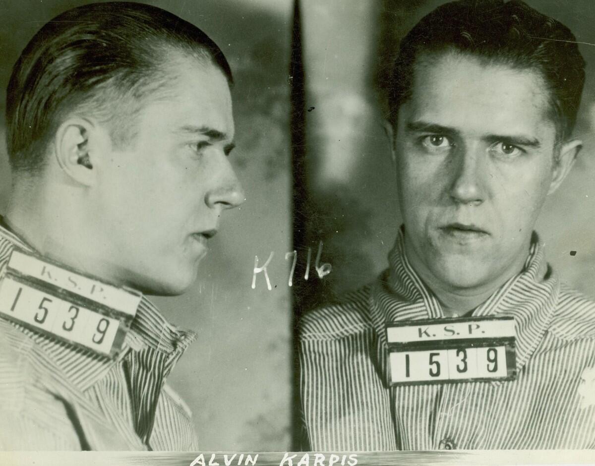 Profile and front Kansas State Penitentiary mug shot of Alvin Karpis