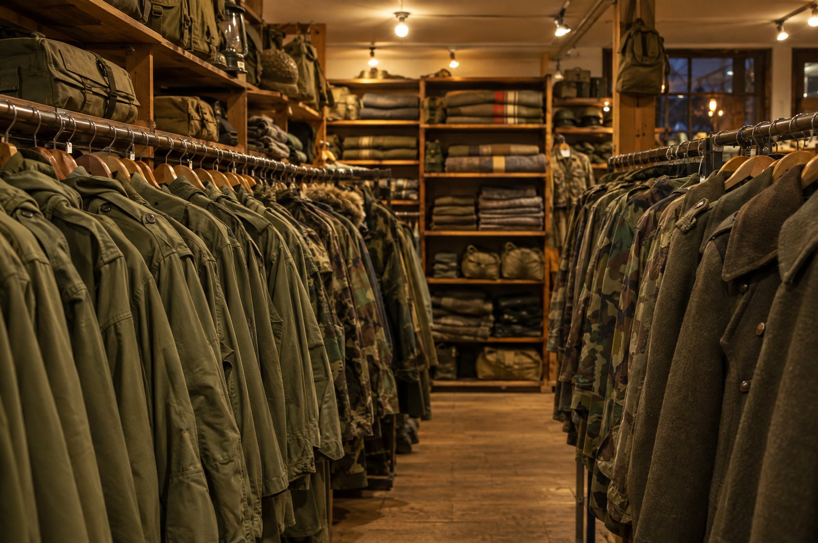 Racks of olive drab field jackets, camouflage parkas and wool overcoats in an army surplus store
