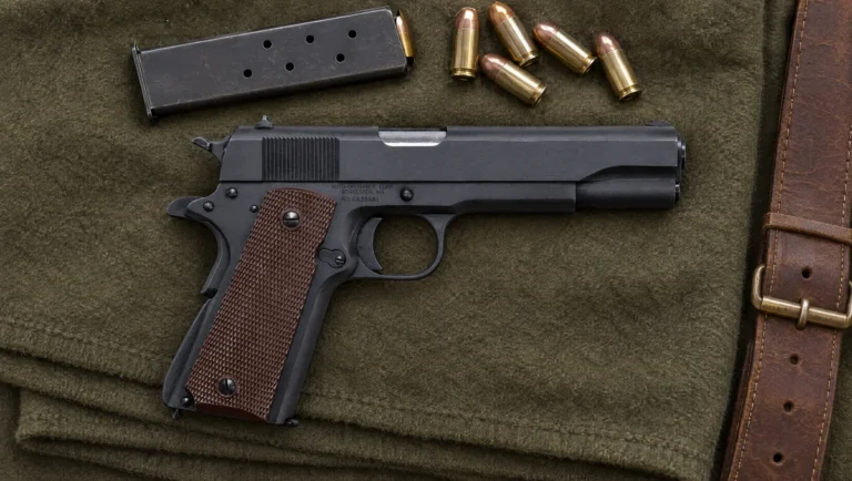 Auto-Ordnance 1911BKO GI-spec .45 ACP pistol with brown checkered grips lying on an olive drab army blanket beside a magazine and .45 ACP cartridges