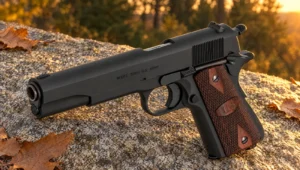 Auto-Ordnance 1911A1 US Army pistol on granite at golden hour