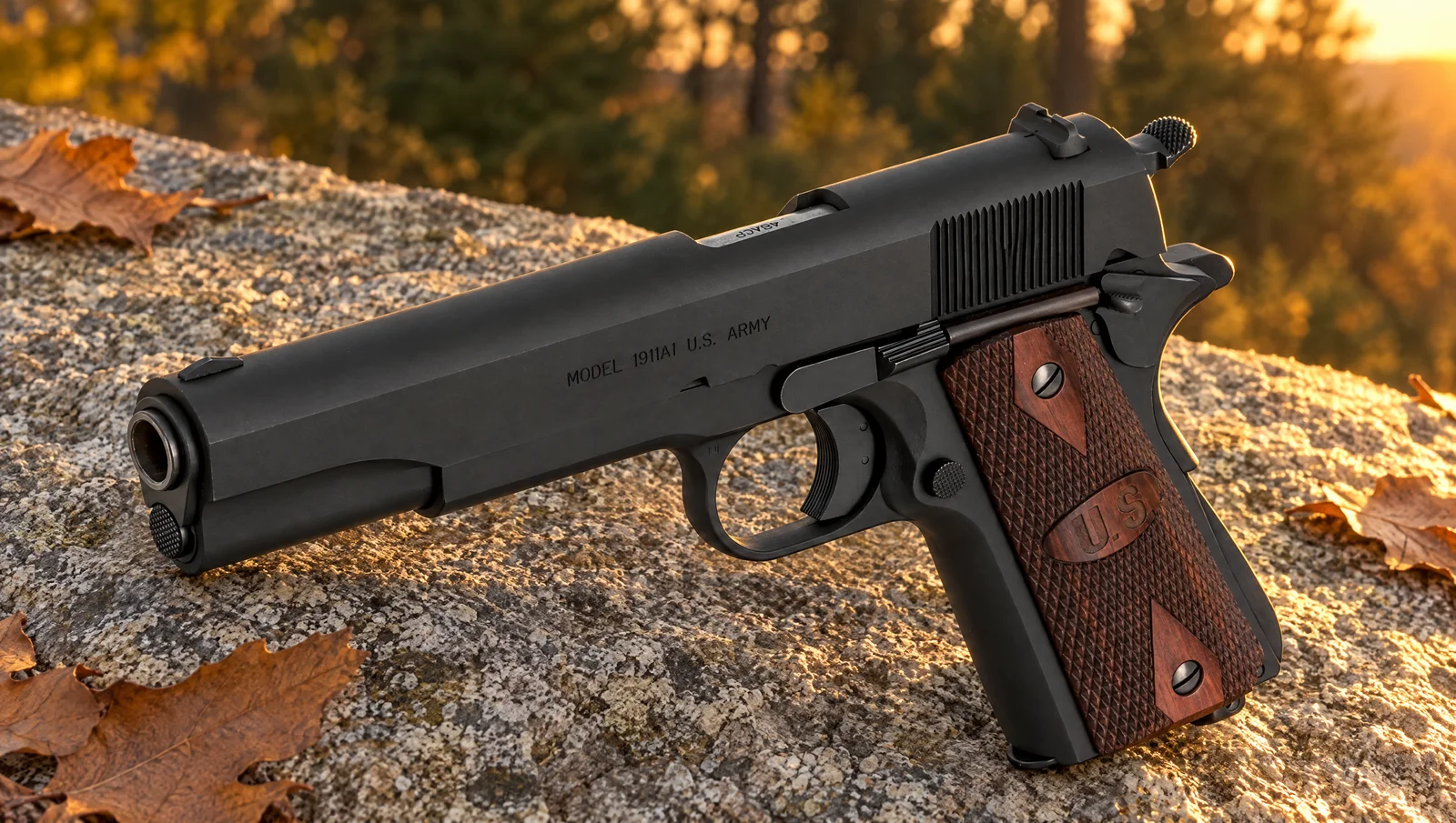 Auto-Ordnance 1911BKOW marked Model 1911A1 U.S. Army with wood U.S. logo grips resting on granite at golden hour among fallen oak leaves