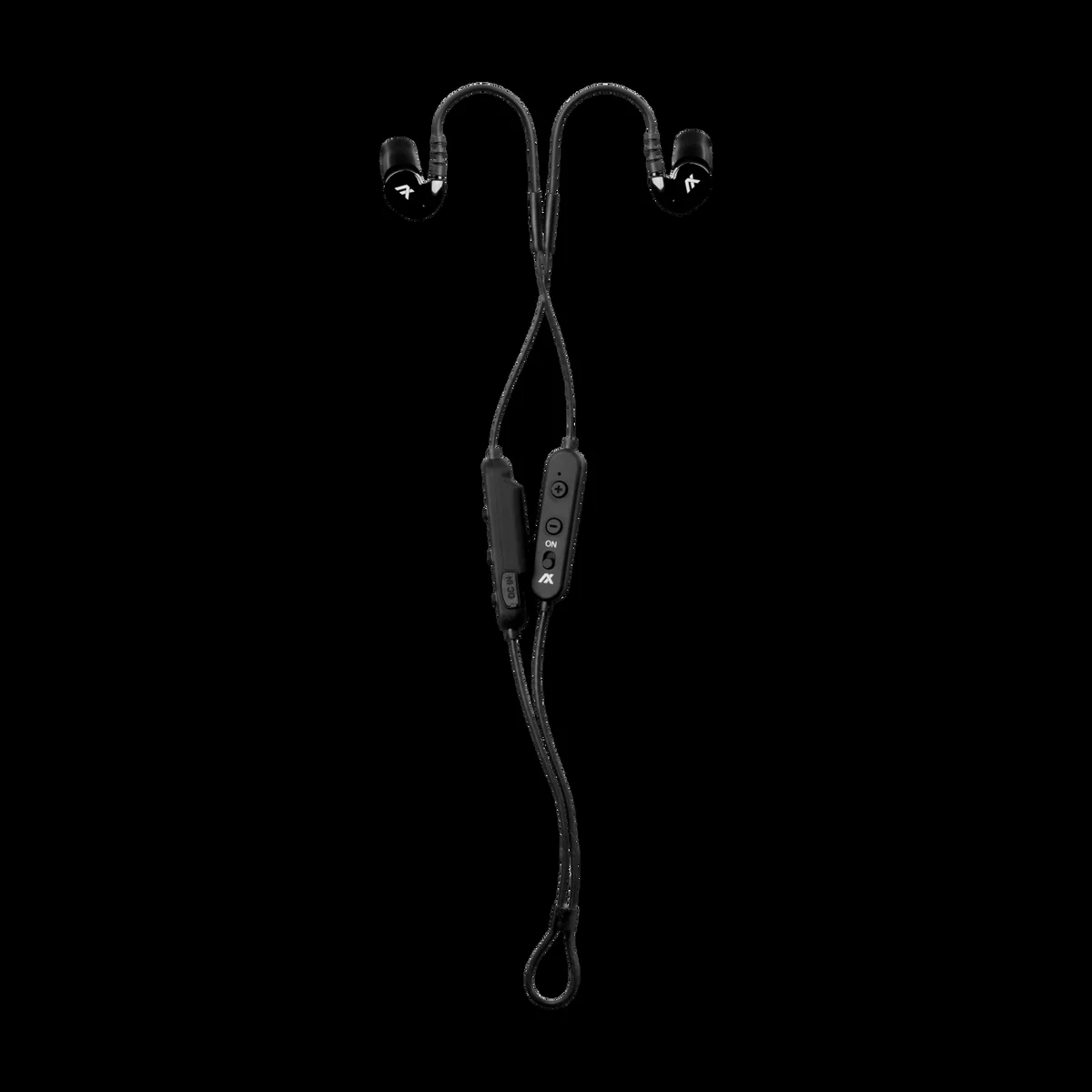 AXIL GS Extreme 2.0 electronic shooting earbuds in black with the connecting cord and inline control