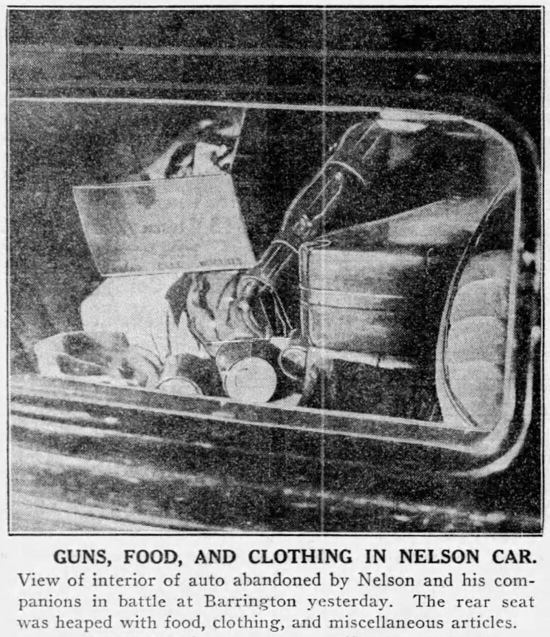 Chicago Tribune photo of the car Baby Face Nelson abandoned after the Barrington gunfight, with the back seat full of supplies