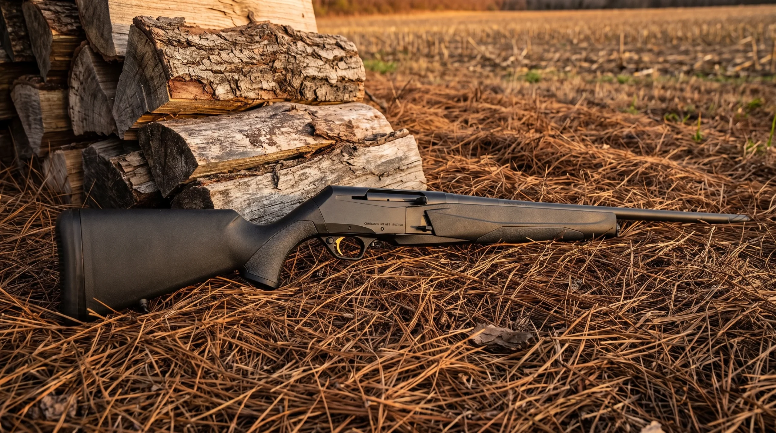 Browning BAR MK3 Stalker rifle on pine straw beside a stack of split oak firewood in late afternoon sun
