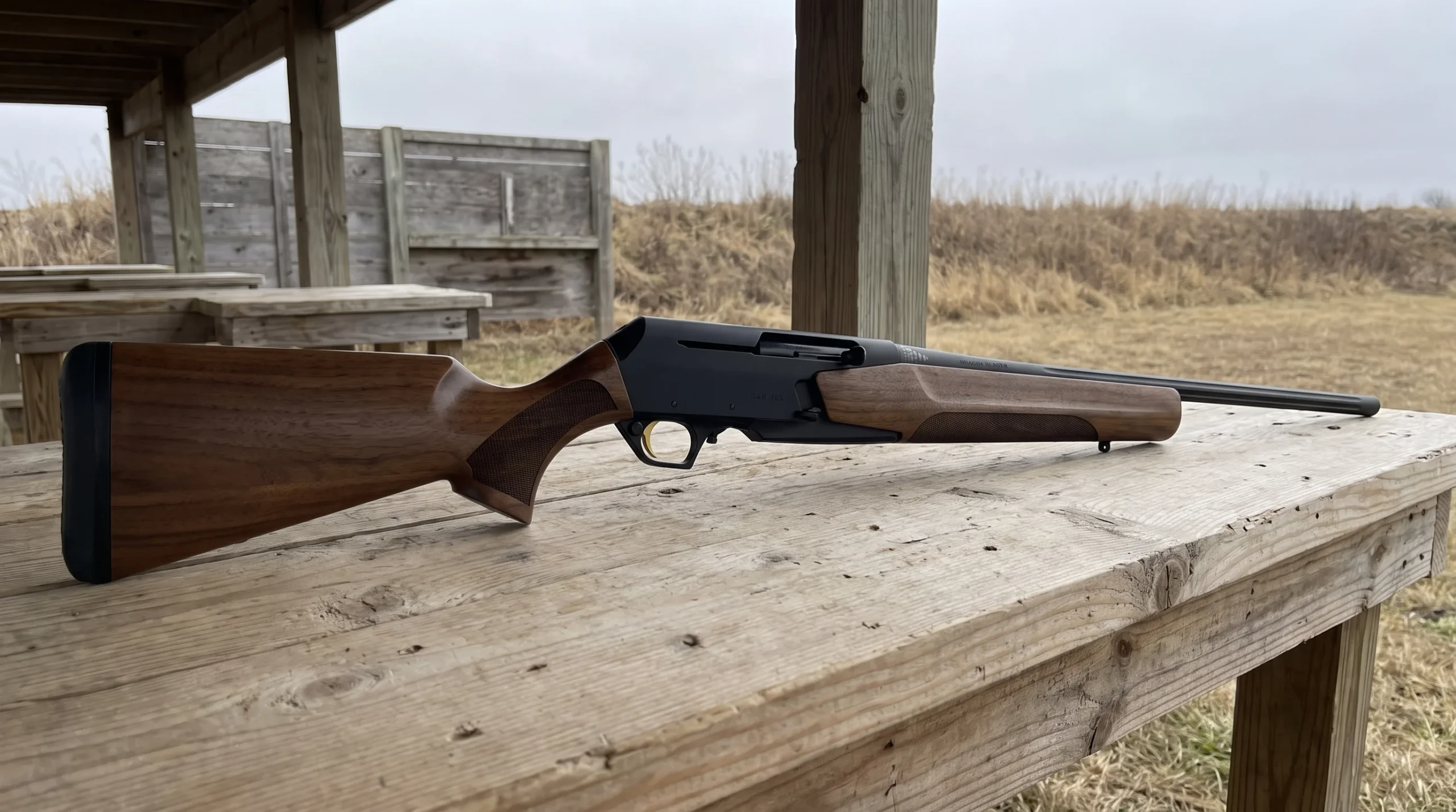 Browning BAR MK4 Hunter rifle lying on a rough sawn cedar shooting bench at a rural gun club under overcast light