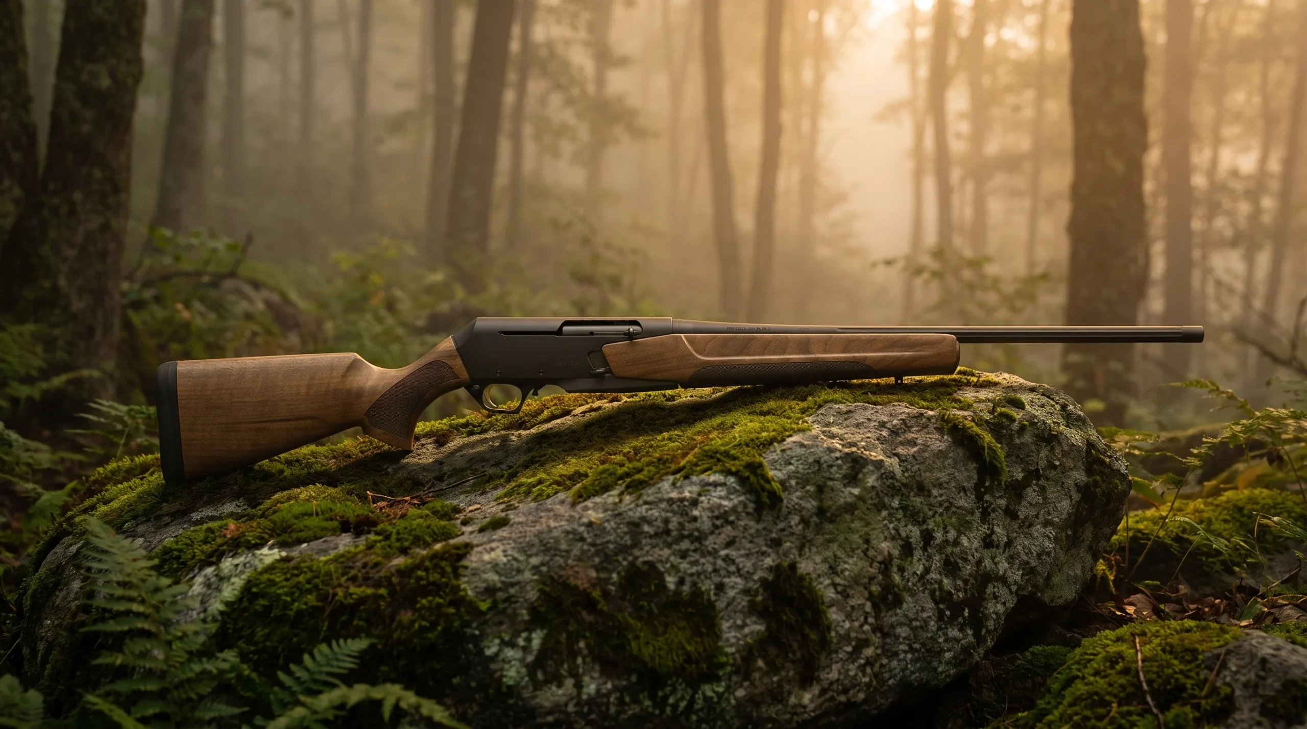 Browning BAR MK4 Hunter walnut stocked semi-automatic rifle on a mossy boulder in a misty hardwood forest at sunrise