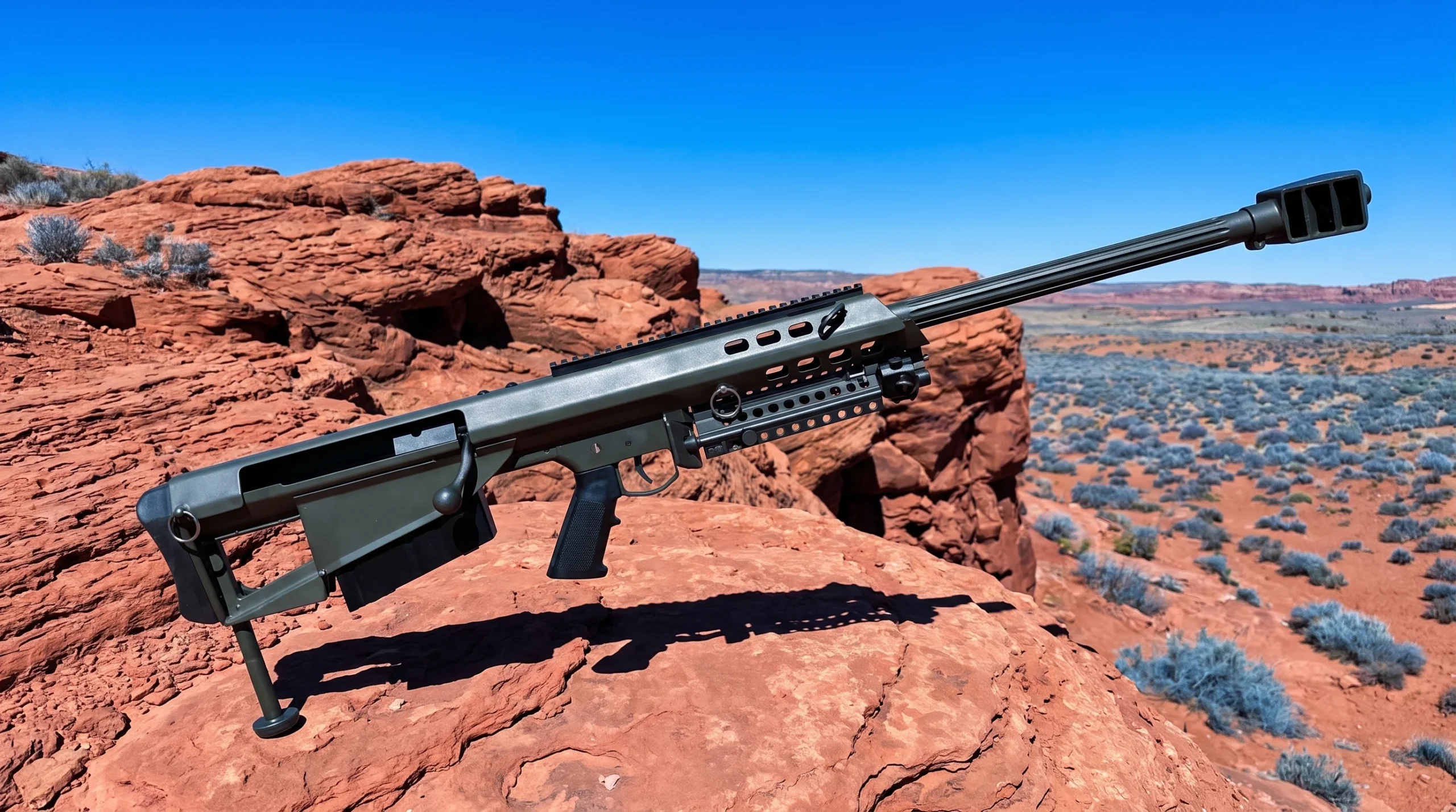 Barrett M95 rifle resting on a rocky high desert butte edge under a deep blue midday sky