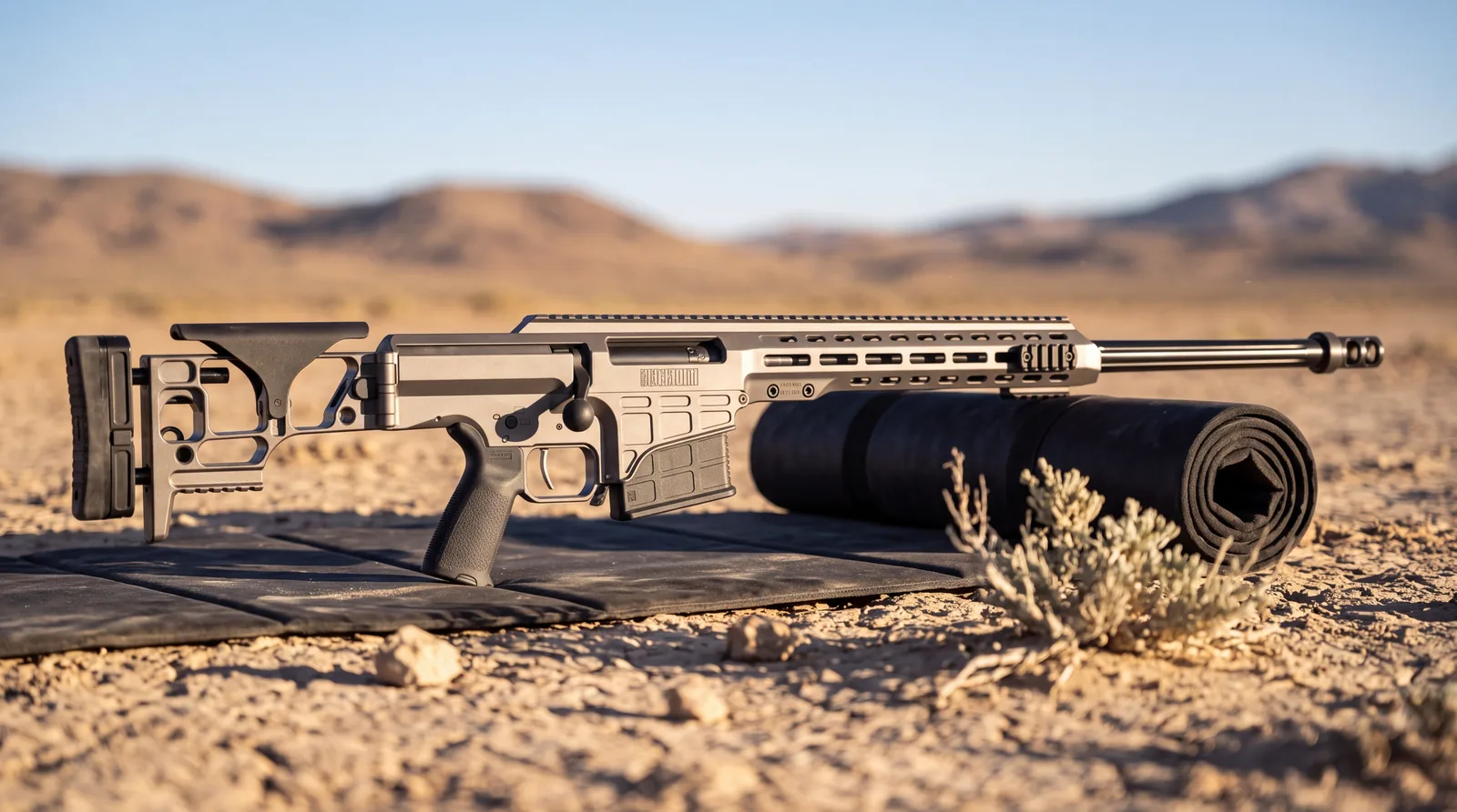 Barrett MRAD tungsten grey bolt action precision rifle with folding stock on a black shooting mat on desert hardpan in low afternoon sun