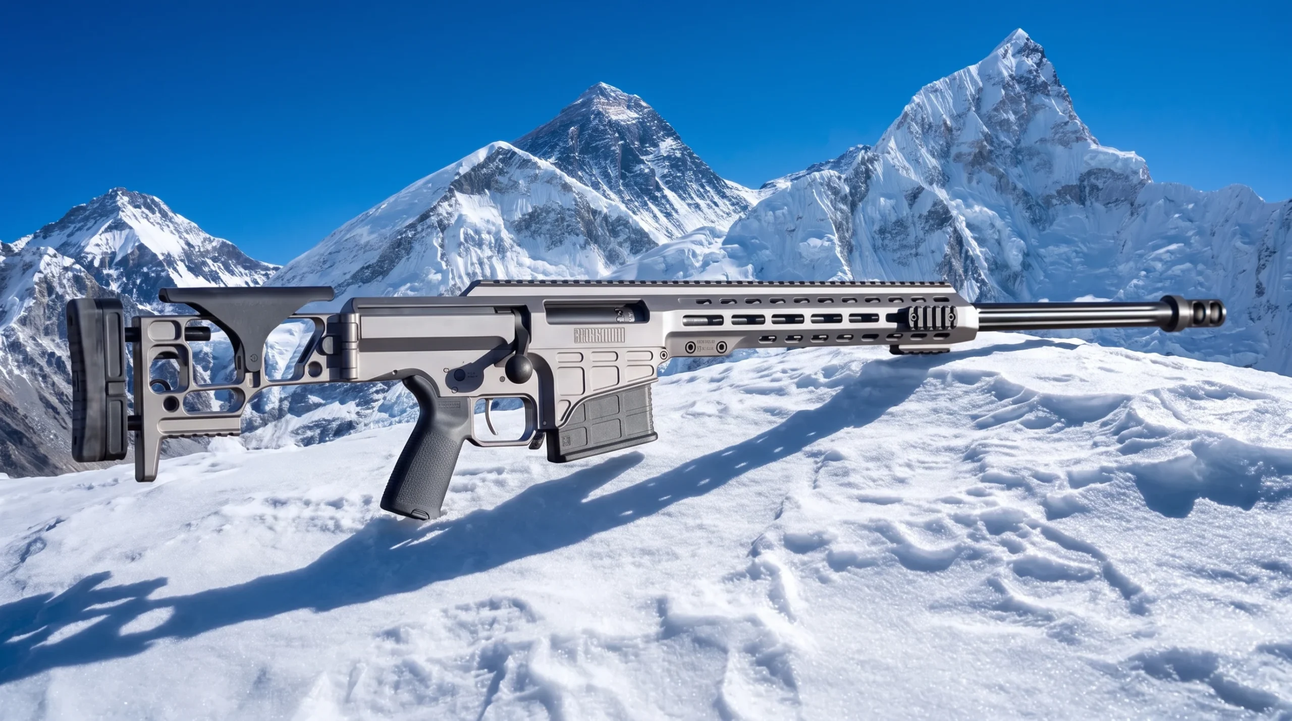 Barrett MRAD on a wind packed snow ridge in high mountains under bright arctic blue daylight