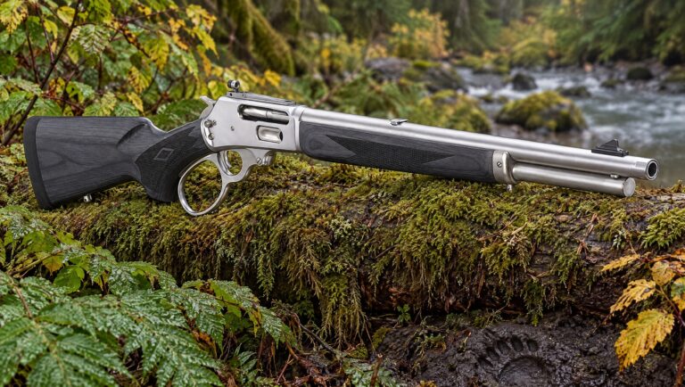 Stainless Marlin 1895 Trapper lever-action rifle in .45-70 resting on a moss-covered log beside a salmon creek, with a bear track in the mud below