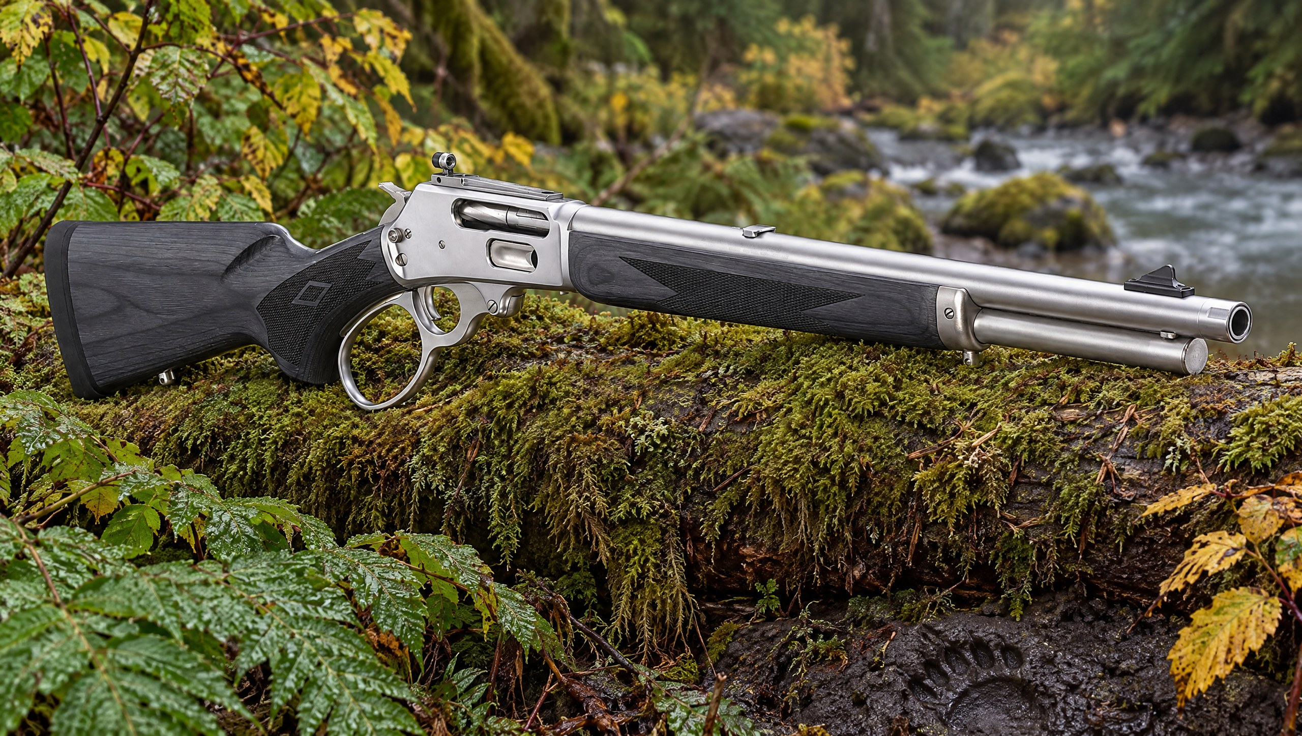 Stainless Marlin 1895 Trapper lever-action rifle in .45-70 resting on a moss-covered log beside a salmon creek, with a bear track in the mud below