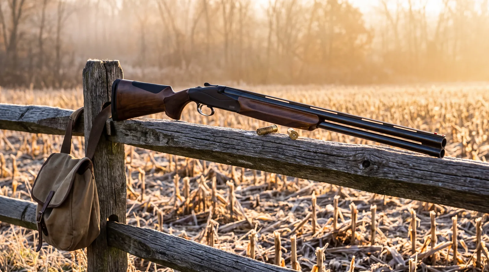 Benelli 828U over and under shotgun resting on a weathered split rail fence at the edge of a frosty cut corn field at sunrise with a canvas game bag