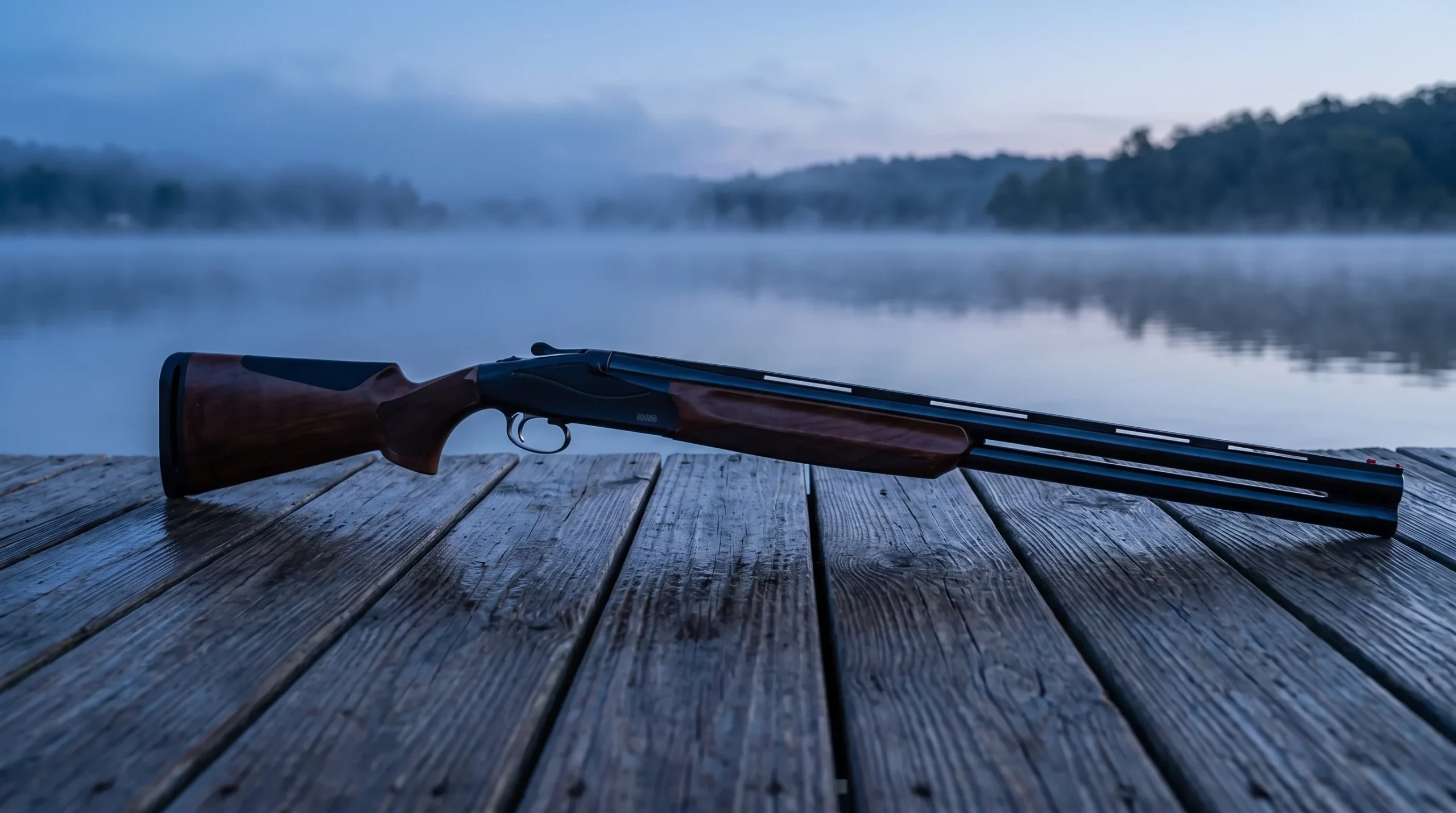 Benelli 828U on the weathered planks of a lakeshore dock at blue hour with low mist over the water