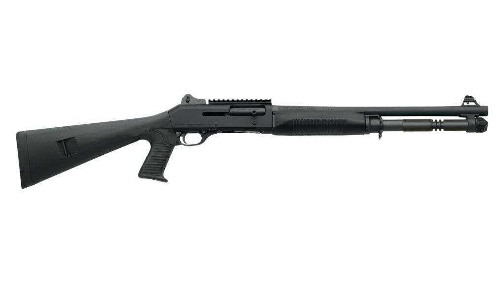 A Benelli M4 Tactical 12 gauge semi-automatic shotgun with a pistol grip stock and ghost ring sights